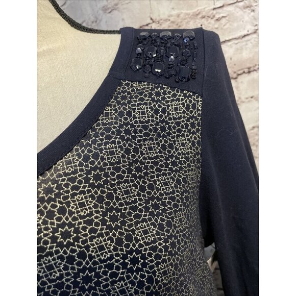 Chico's Womens Emma Embellished Top Black Knit Print 3/4 Sleeve Sz 1 Small - Picture 2 of 5